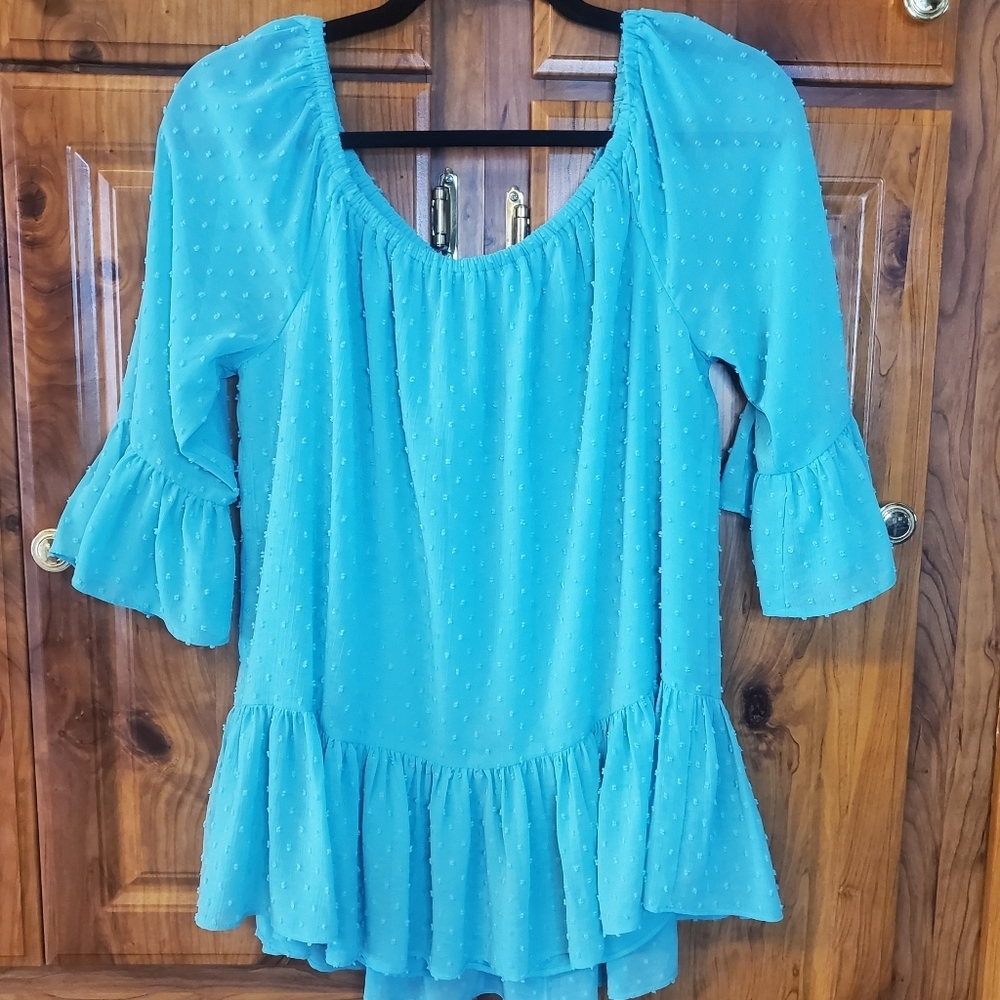 DR2 Off the Shoulder Ruffle Textured Turquoise Blouse Size S
